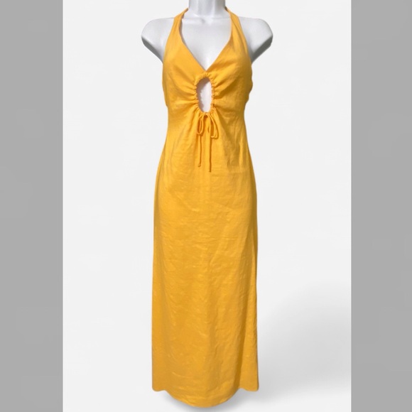 Zara Tangerine Halter Maxi Dress Front Cut-Out Linen Blend Open Back Size M - Picture 2 of 5